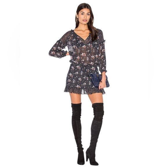 ULLA JOHNSON Silk Dakota Dress Mini Sheer Ruffle Trim in Midnight Womens Size 8 - Picture 1 of 15
